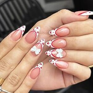 Press-on Nails Red Hearts & White Bows Almond Shape Med Length Romantic 24pcs